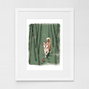 Bamboe groen bos Shiba Inu Art Print poster, Sumi-e schilderij Japanse schattige hond ukiyo-e inkt dier illustratie Azië Zen Wabi Sabi Koreaans