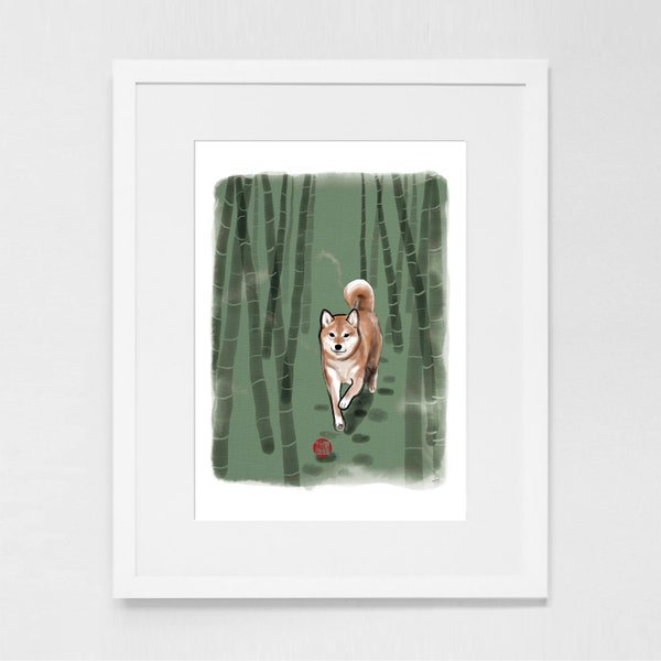 Bamboo Green Forest Shiba Inu Art Print Poster, Sumi-e Painting Japanese Cute dog Ukiyo-e Ink Animal Illustration Asia Zen Wabi Sabi Korean