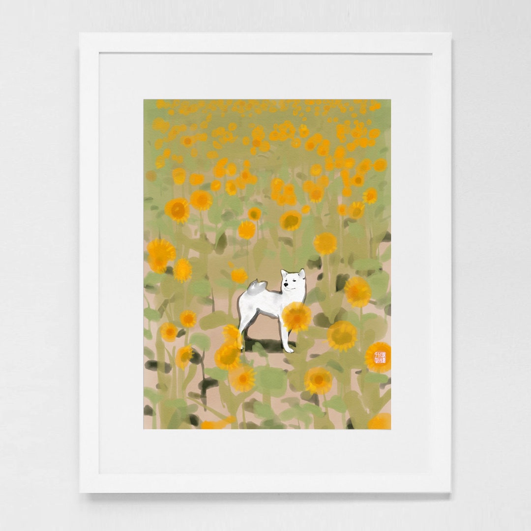 Shiba Inu in Sunflower Field Art Print Poster Sumie Painting Etsy