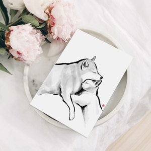 Shiba Inu und Katze Umarmung, Lean On Me Grußkarte, Sumi-e Tuschemalerei Haustierillustration Wabi Sabi Asiatisch Pinsel Zen Thema Hundeliebhaber Freundschaft