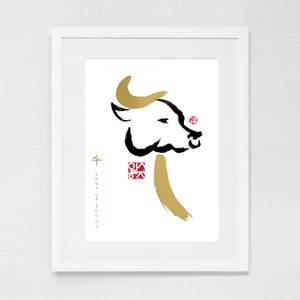 Impressão de arte do zodíaco ano do boi dourado, ano novo lunar chinês asiático vaca simbólica animal Sumi-e tinta chá de bebê aniversário zen