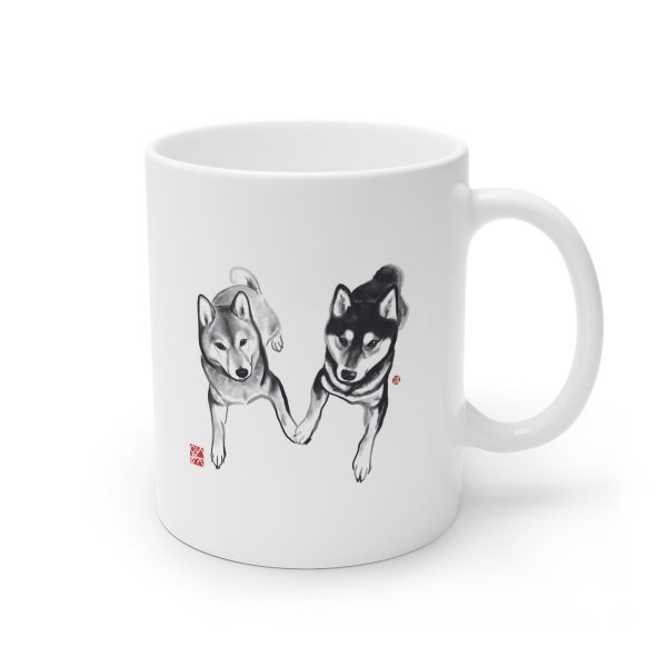 Lovers Shiba Inu Couple Mug | Sumi-e Ink Gift Painting Japonais Mignon Chien Animal Illustration Thé Café Anniversaire