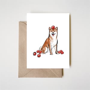 Tarjeta de felicitación de manzana y Shiba Inu / Ilustración en tinta con pintura Sumi-e de frutos rojos Otoño Zen Asia Perro Cachorro Aniversario Baby Shower Amantes de las mascotas