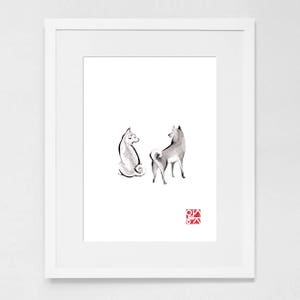 Two Shiba Inu Art Print Poster, Unique Sumi-e Painting Japanese Cute dog Couple Ink Animal Illustration B&W Asia Zen Birthday