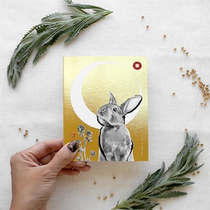 Jahr des Kaninchens Gold Mond Sternzeichen Grußkarten, chinesische Buchstaben inspiriert Symbolik Tier Sumi-e Malerei Tinte Zen Geburtstag Neujahr Häschen