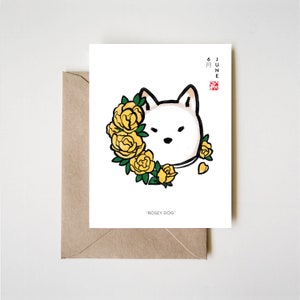 June Shiba Card, Calendar Horoscope Birthday Summer Yellow Roses Blooming Pet Dog Fortune Sumi-e Ink Zen Illustration Cute Zodiac Drawing
