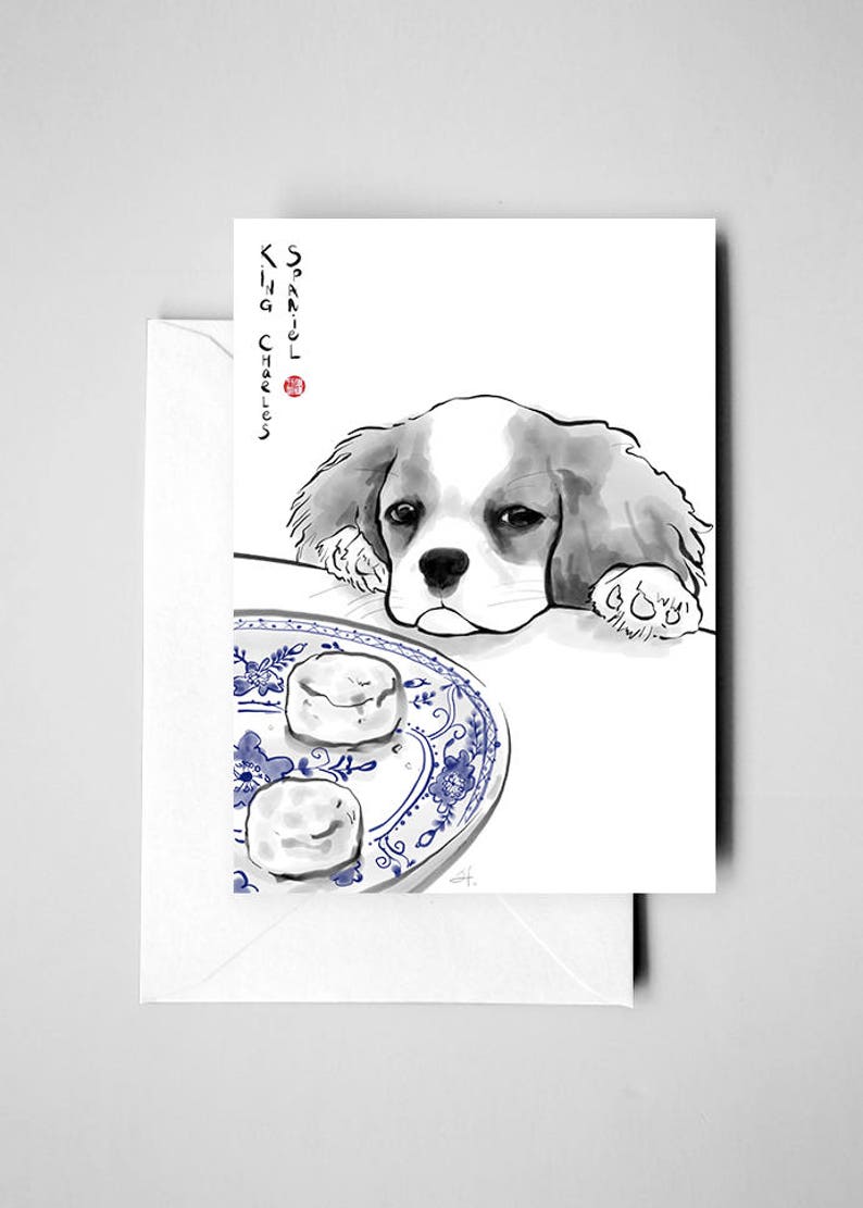 King Charles Spaniel Card, International Doggy Sumi-e Painting Illustration Asian England Zen Art Cute Ink Drawing Dog Lover image 1