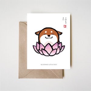 Juli Shiba Karte, Kalender Horoskop Geburtstag Sommer Lotus Pink Blüte Haustier Hund Fortune Sumi-e Ink Zen Illustration Nette Sternzeichen Zeichnung
