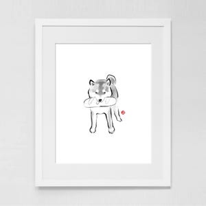 Poster artistico con motivo Baguette Shiba / Stampa Zen minimalista con pittura Sumi-e moderna, decorazione da parete per amanti dei cani, illustrazione coreana e giapponese di RICE&INK