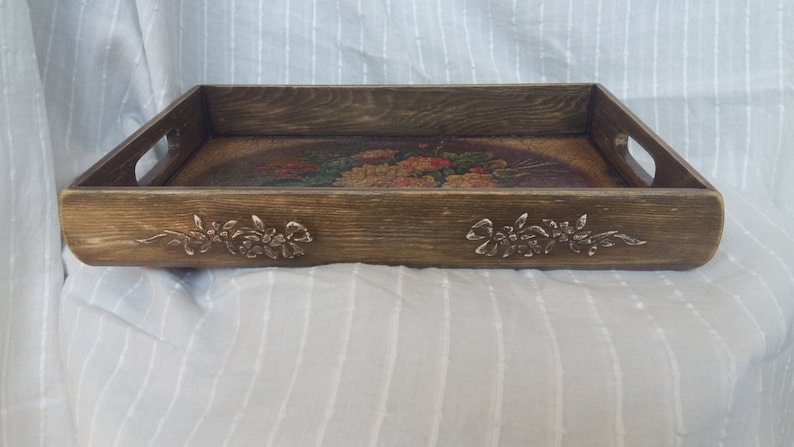 Decorative tray, Tray, Home decor, Coffe table tray, Serving tray, Wooden tray, Vintage tray, Decopage tray, Rustic decor, Flowers tray, image 3