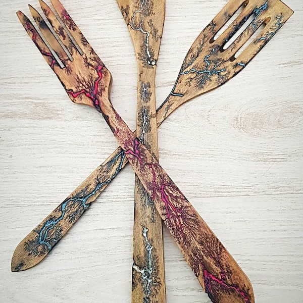 Lichtenberg rays,Wooden spoon, Wooden fork, Set of 3 items, Kitchen decor, Cottage decor, Cooking utensils, Home decor,Cookware,