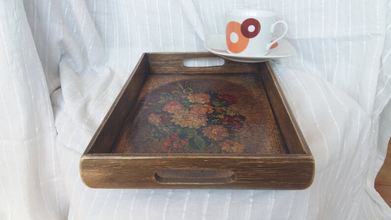 Decorative tray, Tray, Home decor, Coffe table tray, Serving tray, Wooden tray, Vintage tray, Decopage tray, Rustic decor, Flowers tray, image 4