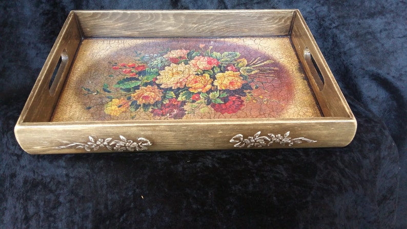 Decorative tray, Tray, Home decor, Coffe table tray, Serving tray, Wooden tray, Vintage tray, Decopage tray, Rustic decor, Flowers tray, image 2