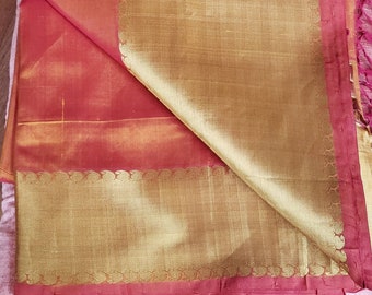 Handloom Silk Cotton Sari Orange Red lustrous cross shade~Paisley Zari border & Zari Palla comes with blouse piece~Free Shipping within USA