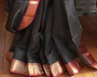Maheshwari Saree~Zari Checks~Handloom Silk Cotton~Fall pico tassels~Contrast blouse piece~Black/Red colour~Zari Palav~Ships free within USA.
