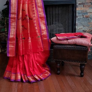 Paithani Authentic made in Yeola on Handloom Pure silk saree Red with a Purple edge~ Peacock palla~Fall pico done ~ FREE SHIPPING within USA