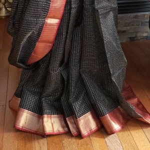 Maheshwari Saree~Zari Checks~Handloom Silk Cotton~Fall pico tassels~Contrast blouse piece~Black/Red colour~Zari Palav~Ships free within USA.