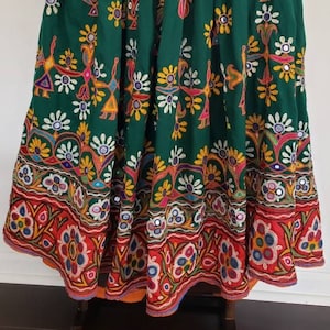 Vintage Rabari Ghagra{Skirt} with beautiful Kutchi hand embroidery accentuated with mirror work in Deep Green color~Free Shipping within USA