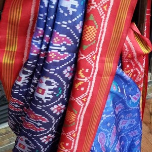 Patola Pure Silk Narikunjar 4 figure Single Ikat Handwoven with pure silk thread intricate pattern cross shade of Blue RedFREE SHIPPING