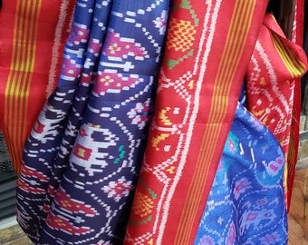 Patola Pure Silk Narikunjar 4 figure Single Ikat Handwoven with pure silk thread intricate pattern cross shade of Blue RedFREE SHIPPING