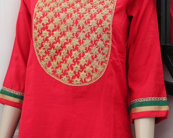 Kurti tights set Hand Embroidered Marodiwork~Zardosi Handwork on Red Chanderi silk Kurti with Golden Leggings~ Free Shipping within USA