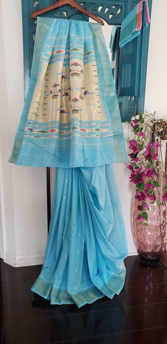Cotton Paithani Saree. Authentic made in Yeola pure cotton paithani made on Handloom with 14 peacocks in Palla ~Free Shipping