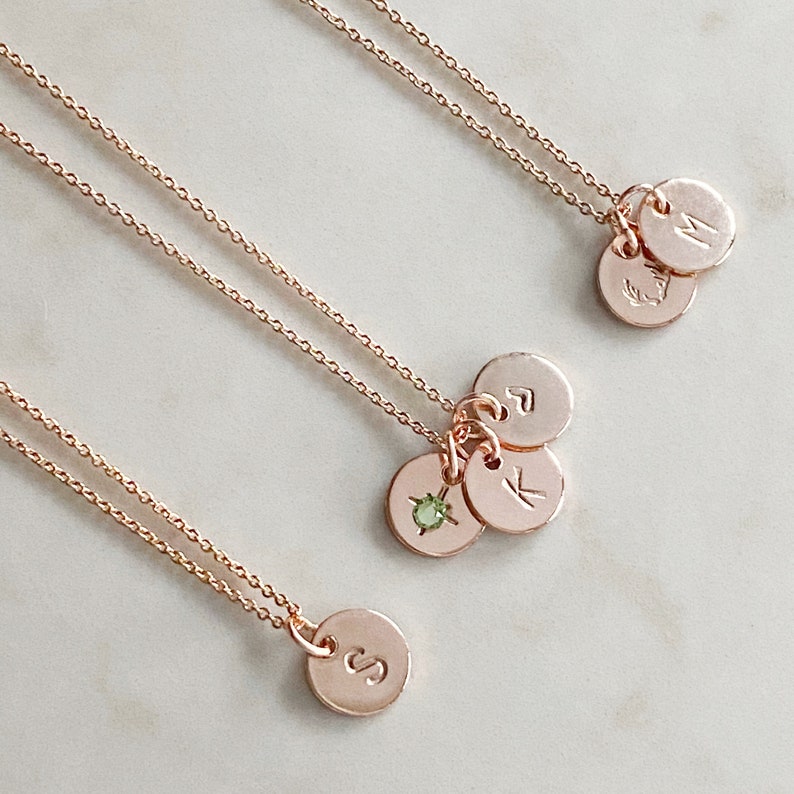 Initial Birthstone Charm Necklace Stacking Charm Necklace Hand Stamped Necklace Family Necklace Symbol Necklace