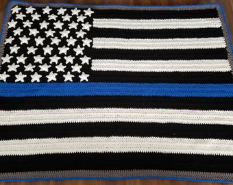 AK Crochet Thin Blue Line Police Flag Blanket PATTERN