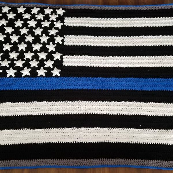 AK Crochet Thin Blue Line Police Flag Blanket PATTERN