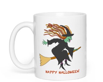 FREE SHIP! Halloween Mug | 11 oz Ceramic Mug | Witch Mug | Ceramic Mug |  Gift, Fall, Autumn Mug | Coffee Mug | Cartoon Witch Mug