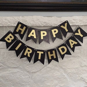 PERSONALIZED Happy Birthday Banner, Glitter Birthday Decor, Black and Gold Birthday, Adult Birthday Banner, Black Tie Birthday, Classy Bday