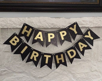 PERSONALIZED Happy Birthday Banner, Glitter Birthday Decor, Black and Gold Birthday, Adult Birthday Banner, Black Tie Birthday, Classy Bday