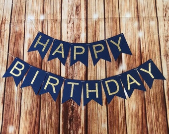 HAPPY BIRTHDAY Customized With Name Gold Glitter OR Silver Glitter birthday bunting banner, twine, navy and gold, adult birthday banner