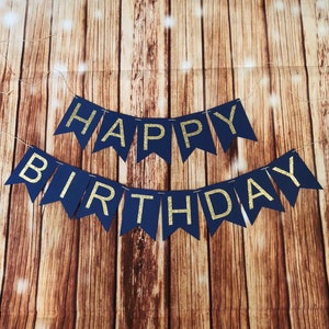 HAPPY BIRTHDAY Customized With Name Gold Glitter OR Silver Glitter birthday bunting banner, twine, navy and gold, adult birthday banner image 1