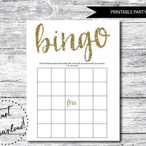 Tarjeta de bingo de brillo dorado IMPRIMIBLE, tarjeta de bingo de descarga instantánea, juego de bingo baby shower imprimible, juego de bingo de ducha de boda imprimible