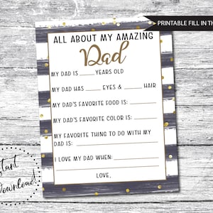 Father&#39;s Day Gift Printable, All About Dad, Fathers Day Questionnaire, Fathers Day Gift, Dad Printable Gift, Child Interview Gift