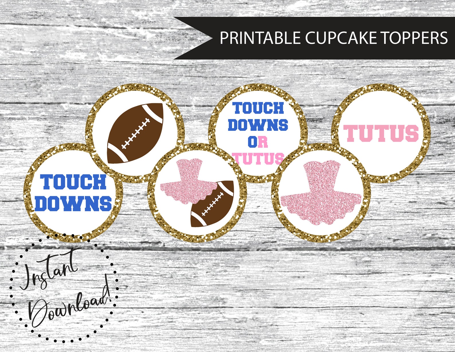 PRINTABLE Touchdowns or Tutus Gender Reveal Cupcake Toppers Etsy