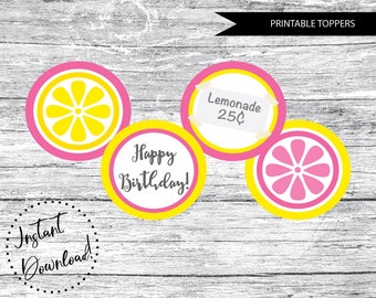 PRINTABLE Lemonade Stand Cupcake Toppers, Pink Lemonade Birthday Party, Lemonade Party Printable, Lemonade Happy Birthday Cupcake Toppers
