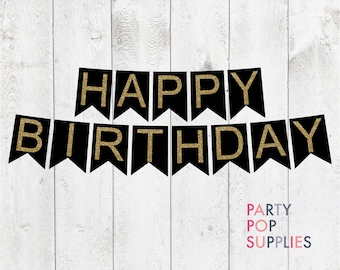 PERSONALIZED Happy Birthday Banner, Glitter Birthday Banner, Adult Birthday Banner, Black and Gold Birthday, Black and Silver Birthday