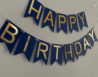 Gold Foil Happy Birthday Banner, Customized Birthday Decor, Birthday Party Decor, Adult Birthday, Navy and Gold