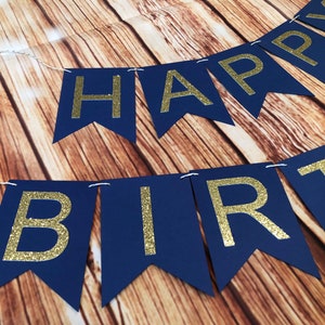 HAPPY BIRTHDAY Customized With Name Gold Glitter OR Silver Glitter birthday bunting banner, twine, navy and gold, adult birthday banner image 4