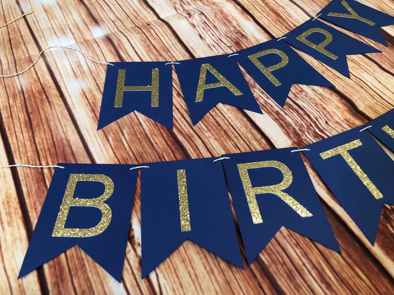 HAPPY BIRTHDAY Customized With Name Gold Glitter OR Silver Glitter birthday bunting banner, twine, navy and gold, adult birthday banner image 4