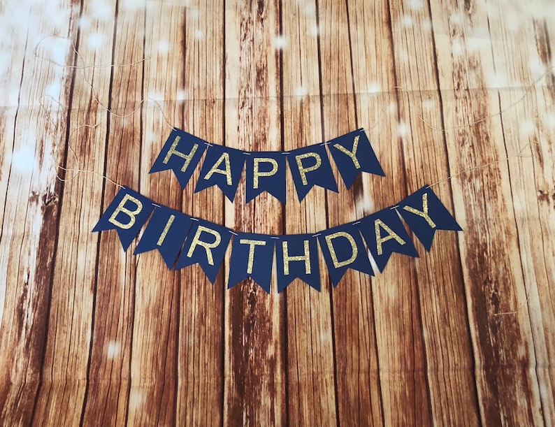 HAPPY BIRTHDAY Customized With Name Gold Glitter OR Silver Glitter birthday bunting banner, twine, navy and gold, adult birthday banner image 5