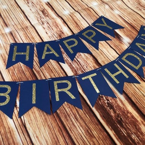 HAPPY BIRTHDAY Customized With Name Gold Glitter OR Silver Glitter birthday bunting banner, twine, navy and gold, adult birthday banner image 3