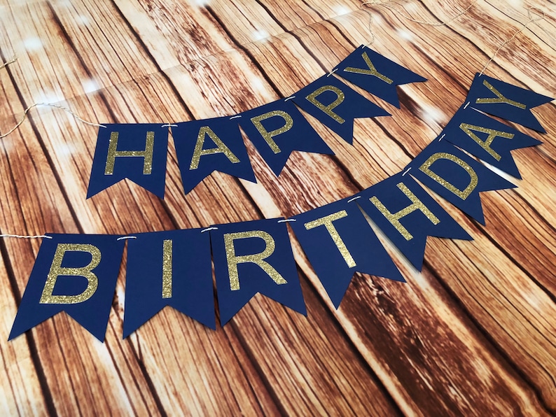 HAPPY BIRTHDAY Customized With Name Gold Glitter OR Silver Glitter birthday bunting banner, twine, navy and gold, adult birthday banner image 3