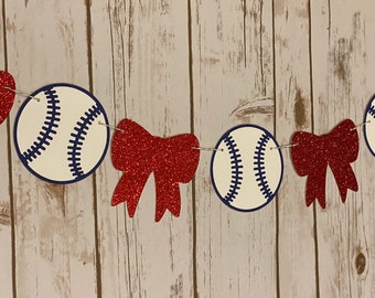 CHOOSE COLORS Baseballs or Bows Garland, Baseball Garland, Bow Garland, Gender Reveal Banner, Gender Reveal Decor, Sports Gender Reveal