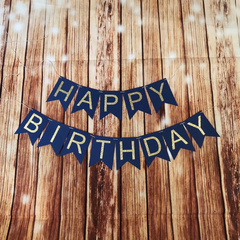 HAPPY BIRTHDAY Customized With Name Gold Glitter OR Silver Glitter birthday bunting banner, twine, navy and gold, adult birthday banner image 1