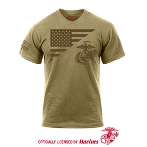 US Marine Corps Flag and EG&A T-Shirt USMC Eagle Globe and Anchor Vietnam Oef Oif Gulf War Officially Licensed Coyote Brown