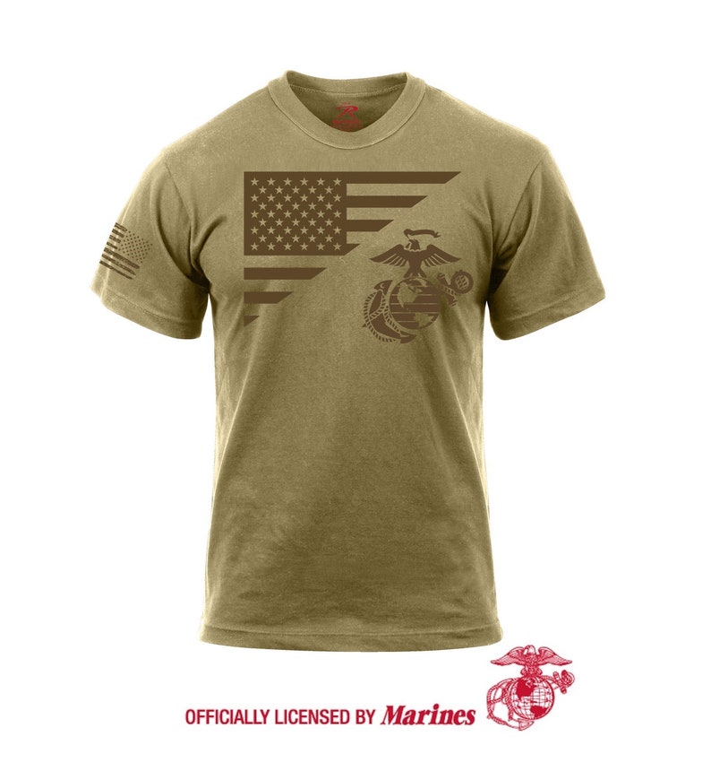 US Marine Corps Flag and EG&A T-Shirt USMC Eagle Globe and Anchor Vietnam Oef Oif Gulf War Officially Licensed Coyote Brown