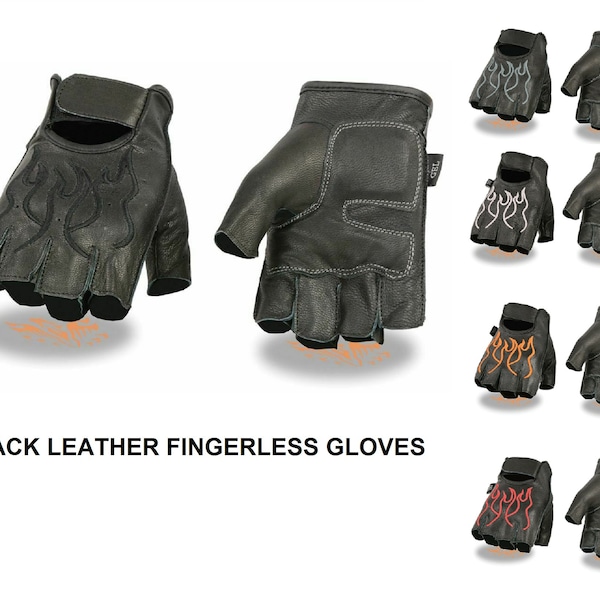 Black Leather FINGERLESS Gloves FLAMES Gel Palm Motorcycle Biker Rider Driving Work Soft FIVE Colors